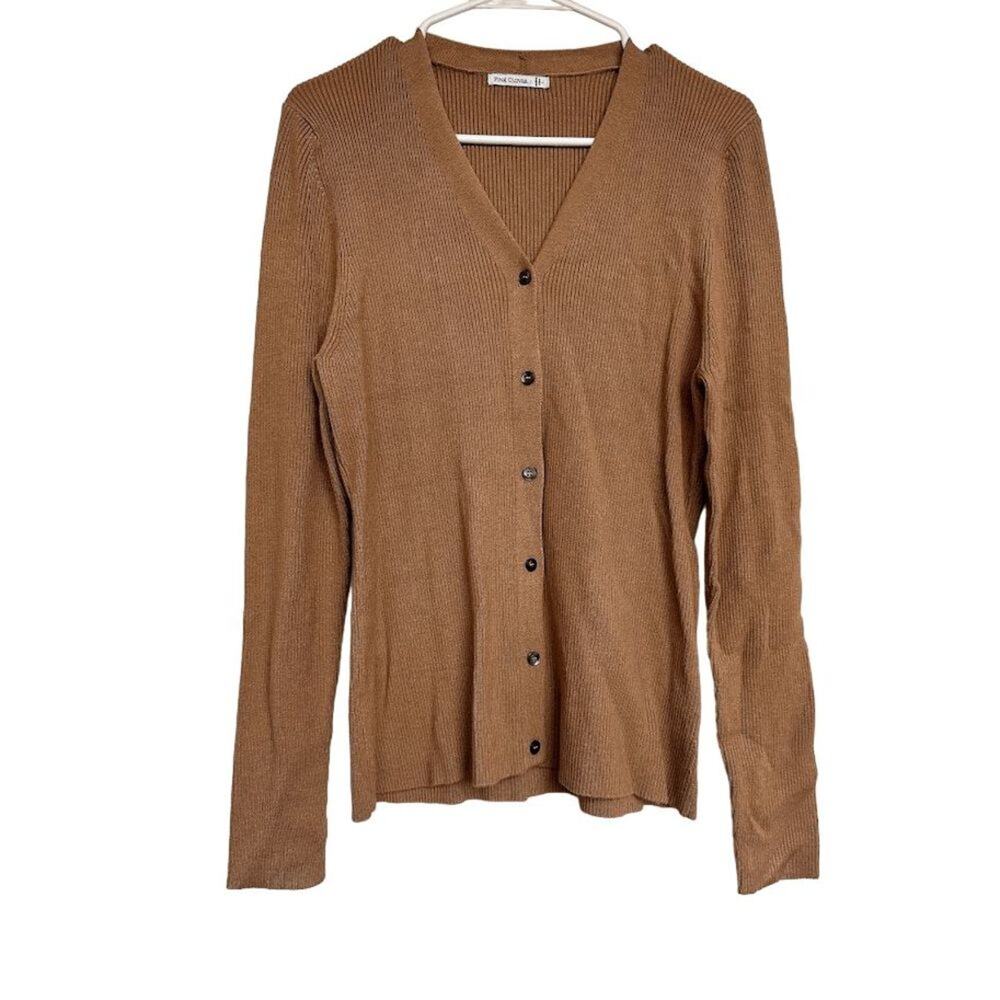Pink Clover Ribbed Brown Cardigan Size L Button Front Minimalist